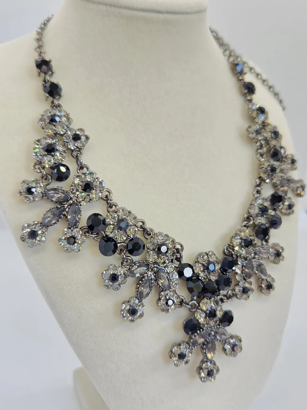 Elegant Black and Crystal Statement Necklace and Earrings Set, Vintage